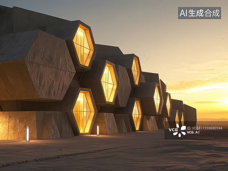 【AI数字艺术】土黄蜂巢地堡-夯土蜂巢结构建筑 黄金分割导光管拓扑设计图片素材