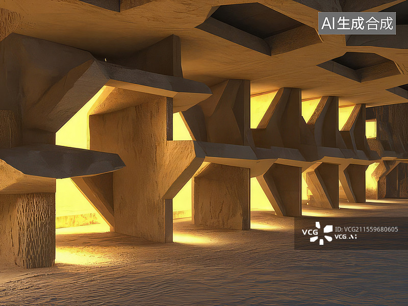 【AI数字艺术】土黄蜂巢地堡-夯土蜂巢结构建筑 黄金分割导光管拓扑设计图片素材