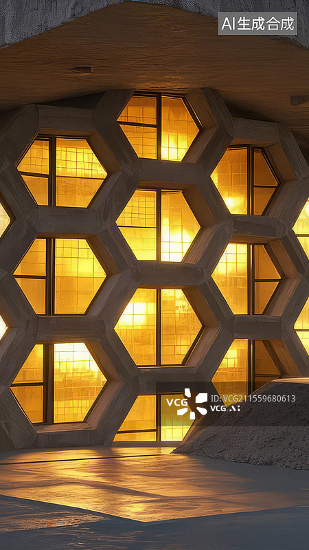 【AI数字艺术】土黄蜂巢地堡-夯土蜂巢结构建筑 黄金分割导光管拓扑设计图片素材
