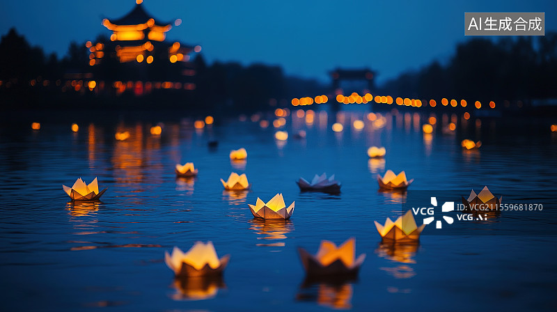 【AI数字艺术】中元节夜晚河面飘着很多纸灯荷花灯寄托着对先人的思念图片素材