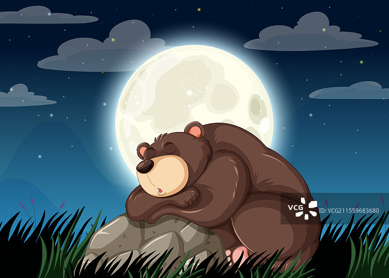 一只熊在明亮的月光下安静地睡觉图片素材