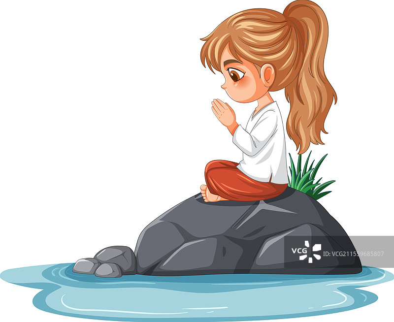 年轻女孩在水边平静地冥想图片素材