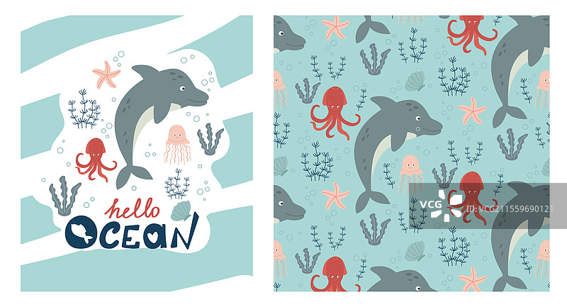 有趣的婴儿图案，包含海豚和鱿鱼的孩子们图片素材