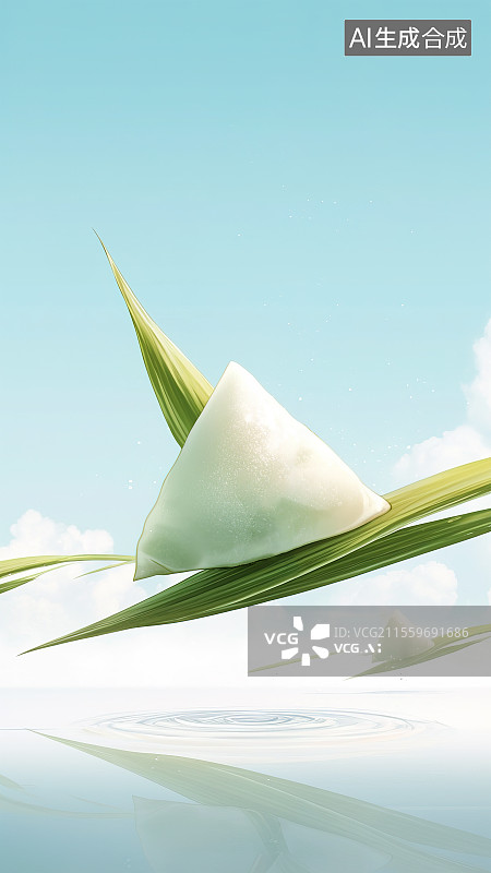 【AI数字艺术】端午节粽子剥开的竹子粽子叶白色糯米 3D渲染写实产品效果宣传图背景设计素材 蓝天白云水波纹镜面反射图片素材