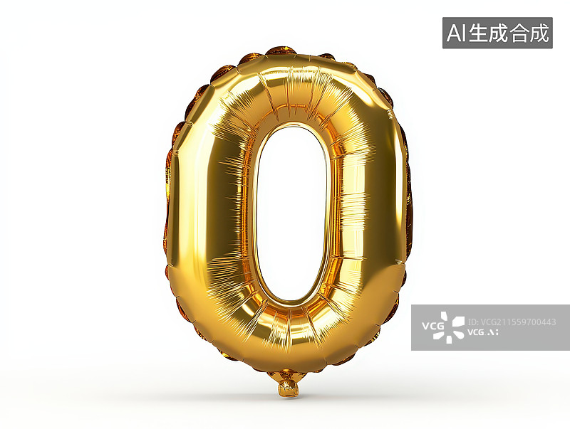 【AI数字艺术】白色背景下的金色充气气球金箔数字“0”气球图片素材
