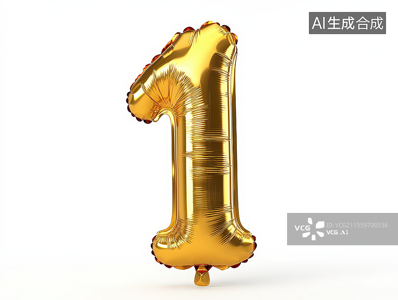 【AI数字艺术】白色背景下的金色充气气球金箔数字“1”气球图片素材