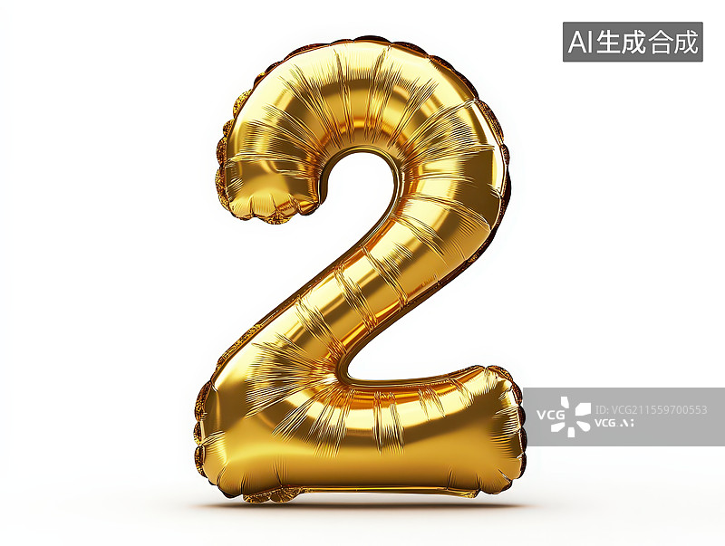 【AI数字艺术】白色背景下的金色充气气球金箔数字“2”气球图片素材