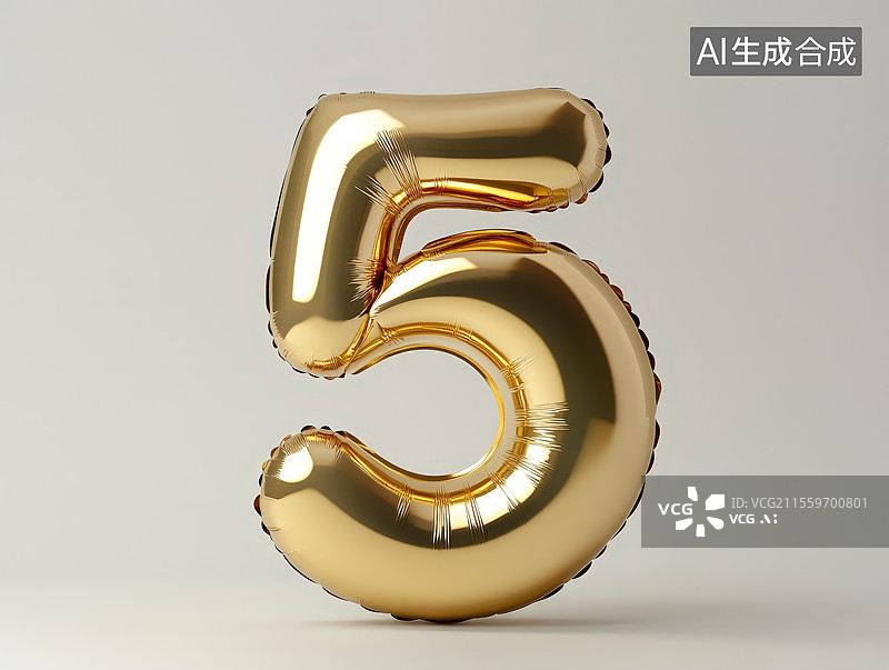 【AI数字艺术】白色背景下的金色充气气球金箔数字“5”气球图片素材