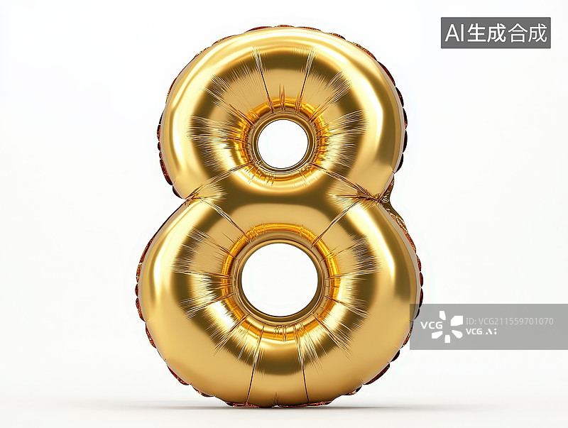 【AI数字艺术】白色背景下的金色充气气球金箔数字“8”气球图片素材