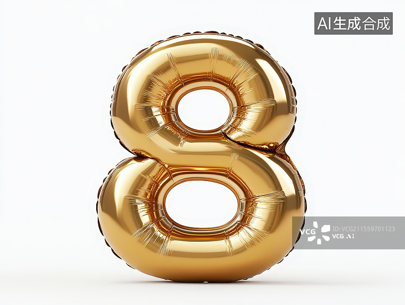 【AI数字艺术】白色背景下的金色充气气球金箔数字“8”气球图片素材