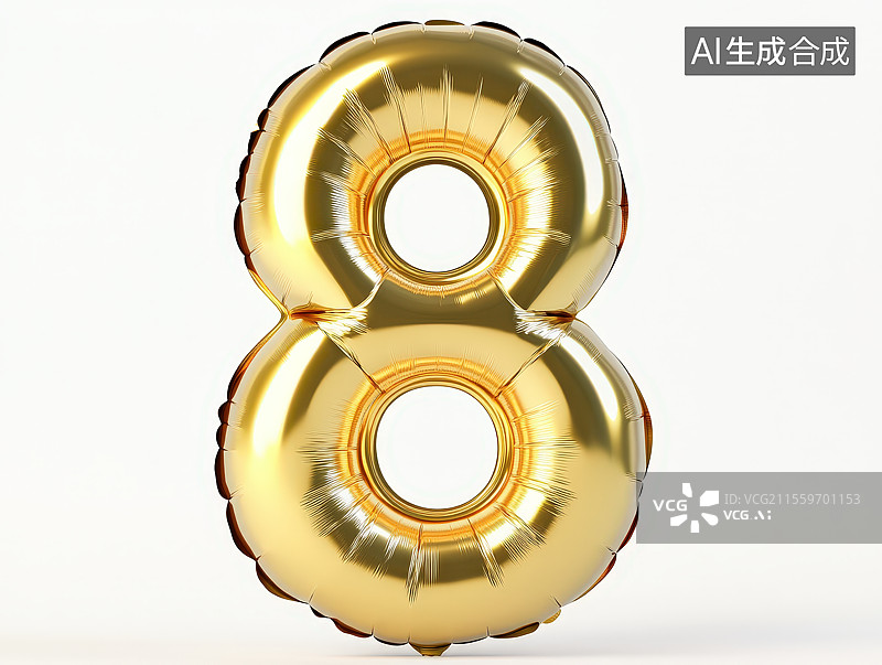 【AI数字艺术】白色背景下的金色充气气球金箔数字“8”气球图片素材