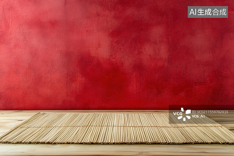 【AI数字艺术】红色背景下木制桌面上平铺着竹席，产品展示概念背景图片素材