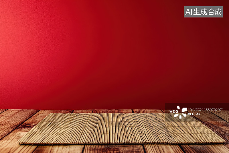 【AI数字艺术】红色背景下木制桌面上平铺着竹席，产品展示概念背景图片素材