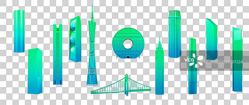 3D渲染的广州城市地标广州城市天际线元素图片素材