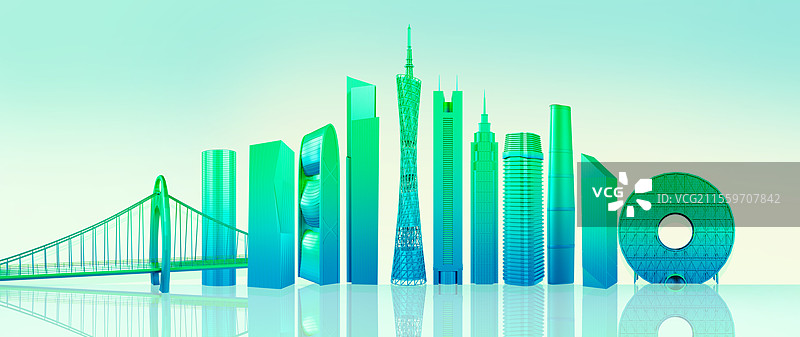 3D渲染的广州城市地标广州城市天际线广州城市插画图片素材