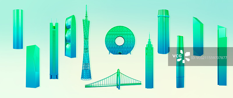 3D渲染的广州城市地标广州城市天际线广州城市插画图片素材