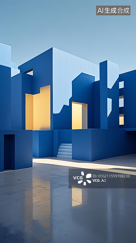 【AI数字艺术】克莱因蓝色与松花黄色搭配极简几何建筑图片素材