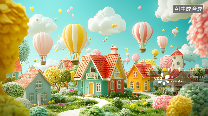 【AI数字艺术】童话色彩小镇与热气球梦幻场景图片素材