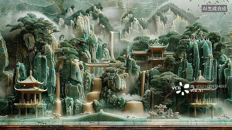 【AI数字艺术】翠玉山水间的古韵  金镶玉雕山水古建筑抽象海报背景图片素材