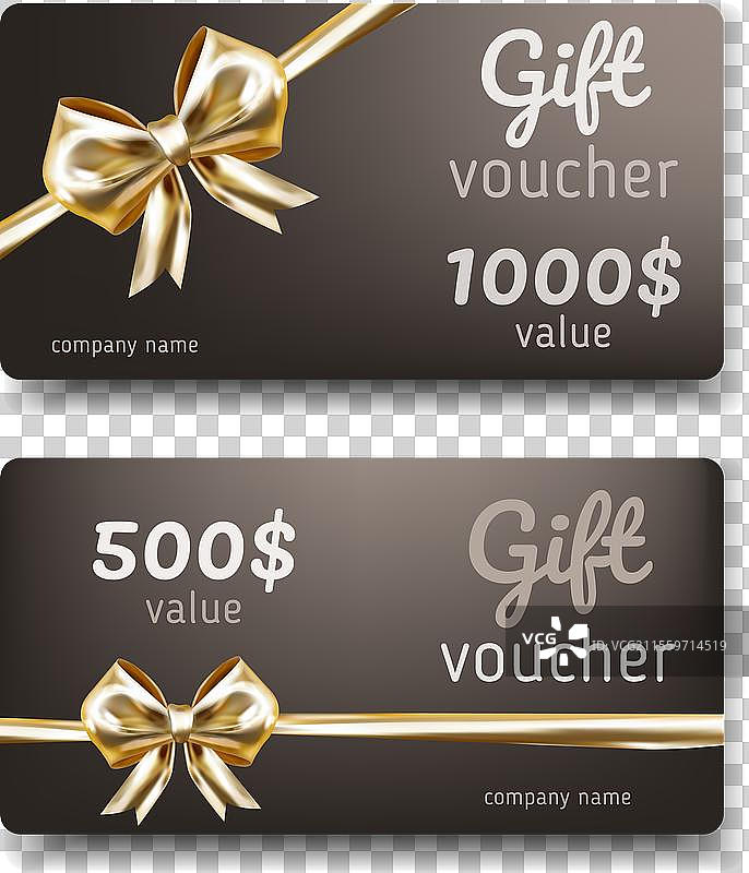 奢华礼品券配有金色逼真的蝴蝶结图片素材