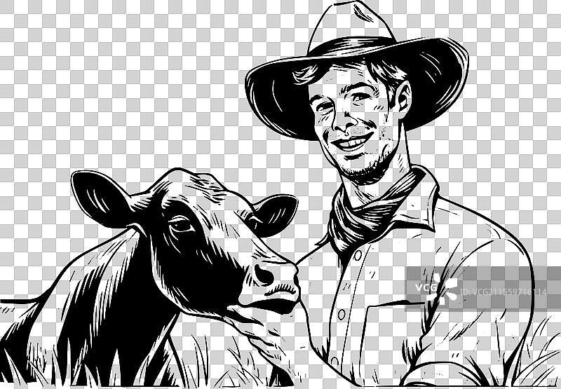 田野上的牛和农民图片素材