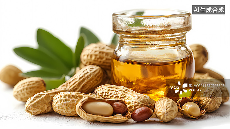 【AI数字艺术】一罐花生油旁散落着花生图片素材