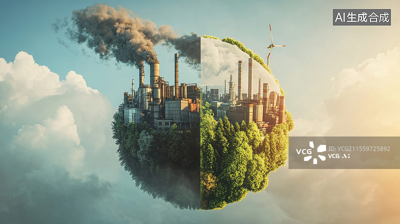 【AI数字艺术】工业污染与自然生态的对比图片素材