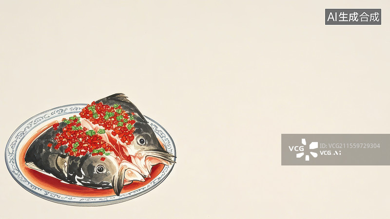 【AI数字艺术】剁椒鱼头国风水墨画模版背景居左下图片素材
