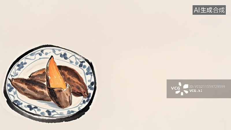 【AI数字艺术】烤红薯国风水墨画模版背景居右下图片素材