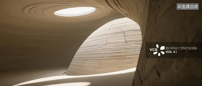 【AI数字艺术】素陶回音穹顶-夯土建筑旋转光锥 陶土手工肌理3D渲染场景图片素材