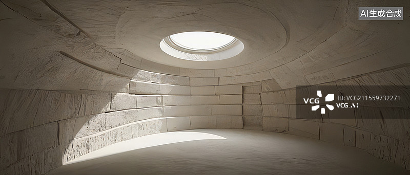 【AI数字艺术】素陶回音穹顶-夯土建筑旋转光锥 陶土手工肌理3D渲染场景图片素材