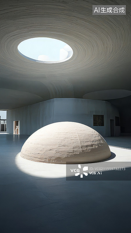 【AI数字艺术】素陶回音穹顶-夯土建筑旋转光锥 陶土手工肌理3D渲染场景图片素材
