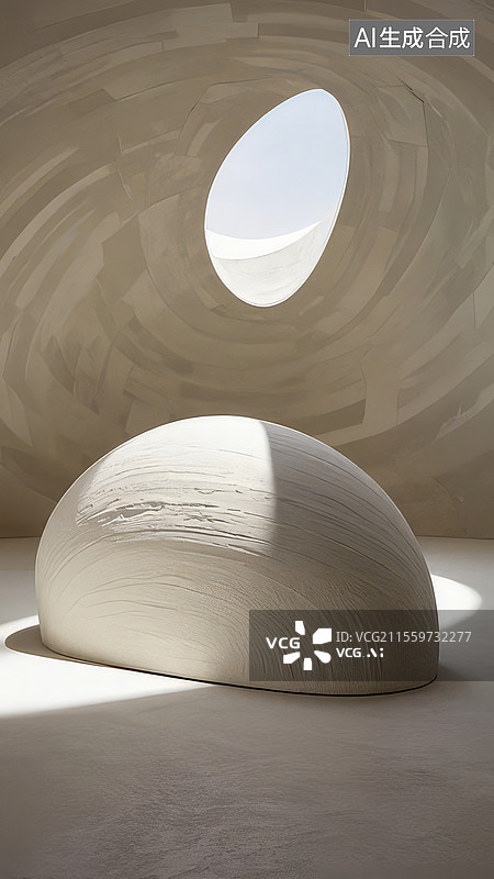 【AI数字艺术】素陶回音穹顶-夯土建筑旋转光锥 陶土手工肌理3D渲染场景图片素材