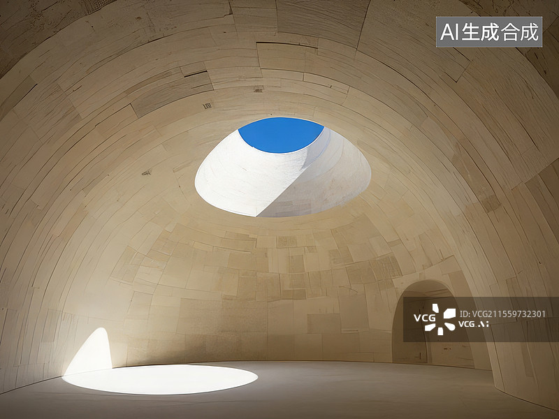 【AI数字艺术】素陶回音穹顶-夯土建筑旋转光锥 陶土手工肌理3D渲染场景图片素材