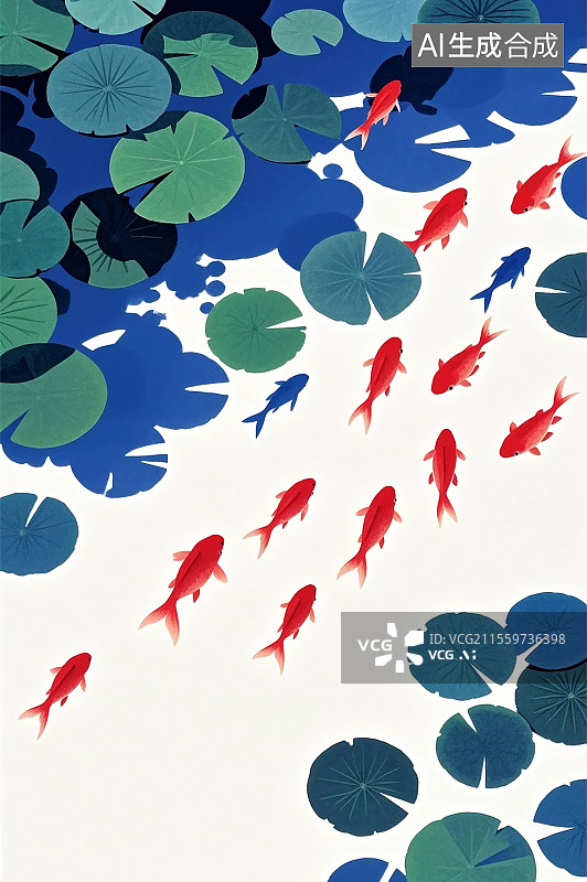 【AI数字艺术】极简主义一群红色小鱼莲叶扁平插画图片素材