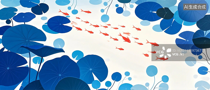 【AI数字艺术】极简主义一群红色小鱼莲叶扁平插画图片素材