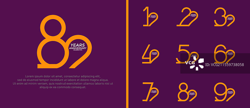 紫色背景上的橙色周年纪念标志组合图片素材