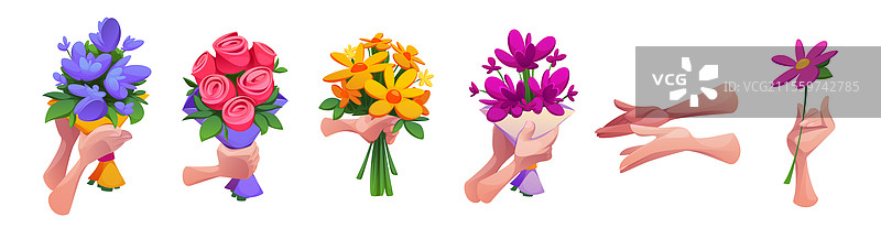 卡通手握着不同的花束图片素材