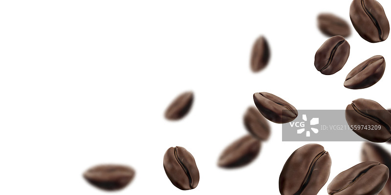 咖啡豆在白色背景上掉落图片素材
