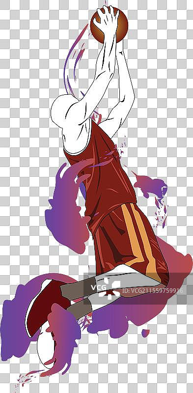 篮球运动员进行扣篮，背景色彩斑斓图片素材