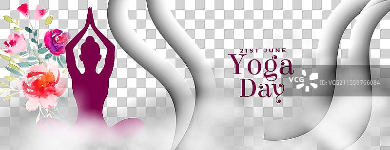 6月21日国际瑜伽日粉色横幅与花朵图片素材