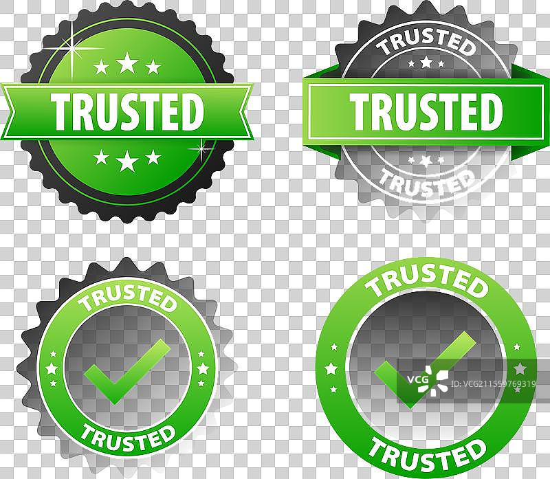 绿色和黑色标签的可信贴纸在白色背景上图片素材