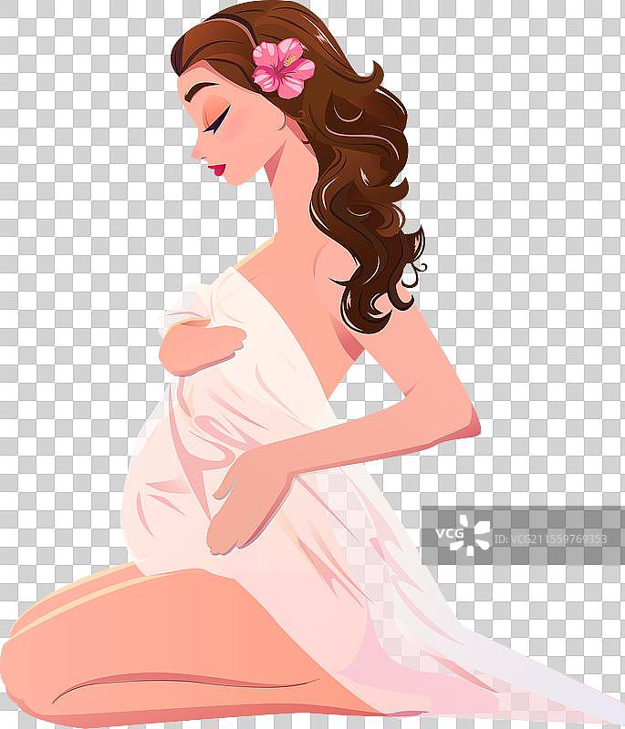 裸体孕妇侧坐，头发披肩。图片素材