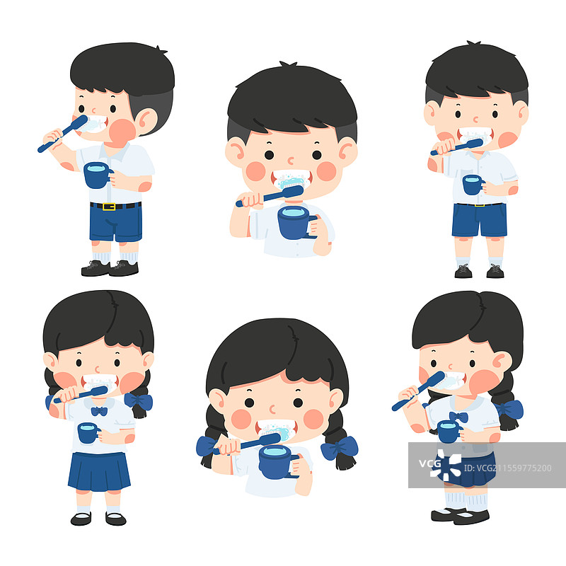 一组卡通画展示一个男孩和一个女孩在刷牙图片素材