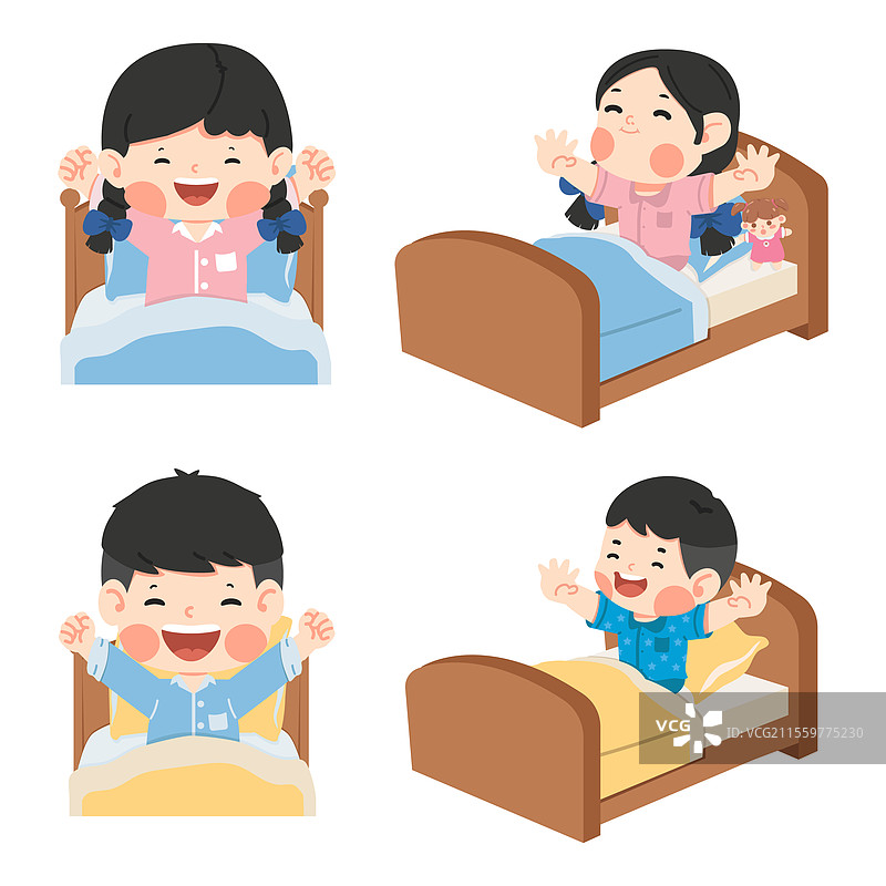 孩子们在床上早晨醒来图片素材
