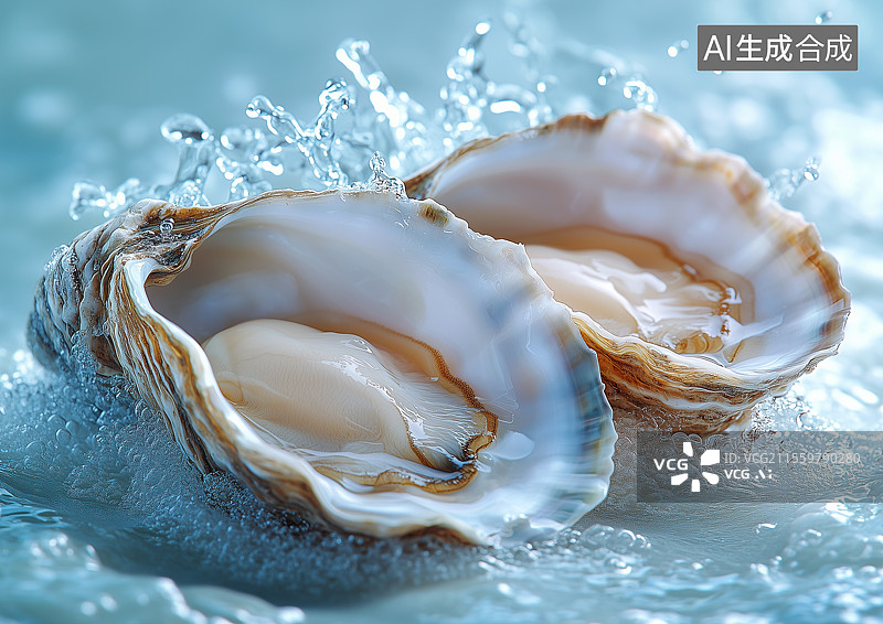 【AI数字艺术】水面上的新鲜生蚝图片素材