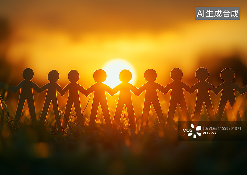 【AI数字艺术】表现团结友爱的剪纸小人手拉手在一起图片素材