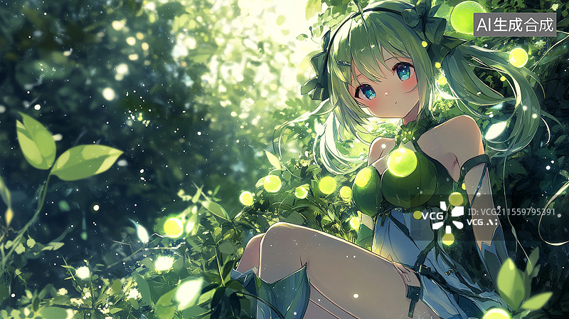 【AI数字艺术】绿发少女与萤火虫图片素材