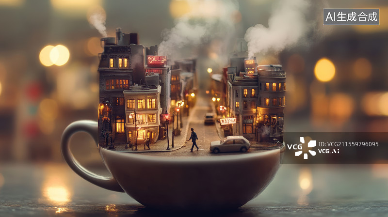【AI数字艺术】咖啡杯上的城市夜景图片素材