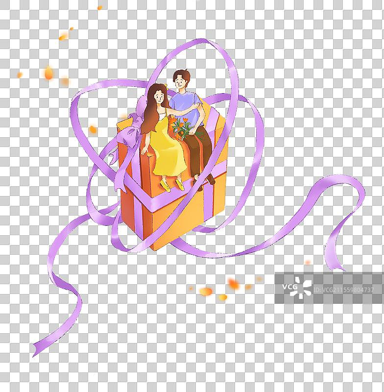 坐在礼物盒上的情侣插画图片素材